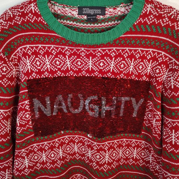 33Degrees Naughty Nice Sequin Christmas Sweater Women's Large Holiday Shirt - Picture 3 of 7